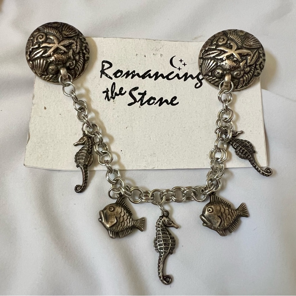 New Old Stock Chunky Sea Animal Seahorse Fish Silver Tone Sweater Pin Dangle